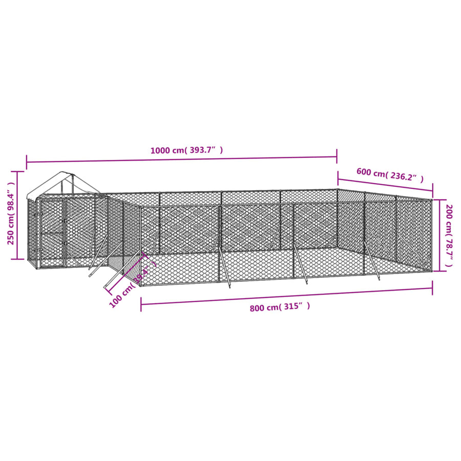 Hondenkennel Met Dak 10X6X2,5 M Gegalvaniseerd Staal Zilver 10 x 6 x 2.5 m