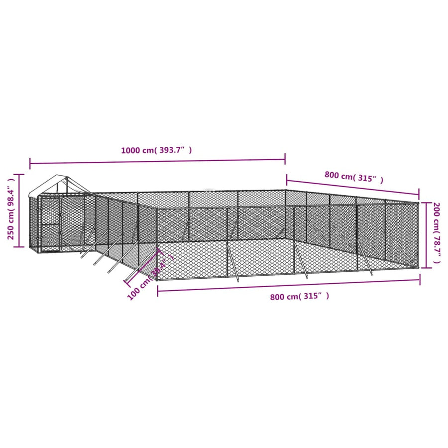 Hondenkennel met dak 10x8x2,5 m gegalvaniseerd staal zilver 10 x 8 x 2.5 m