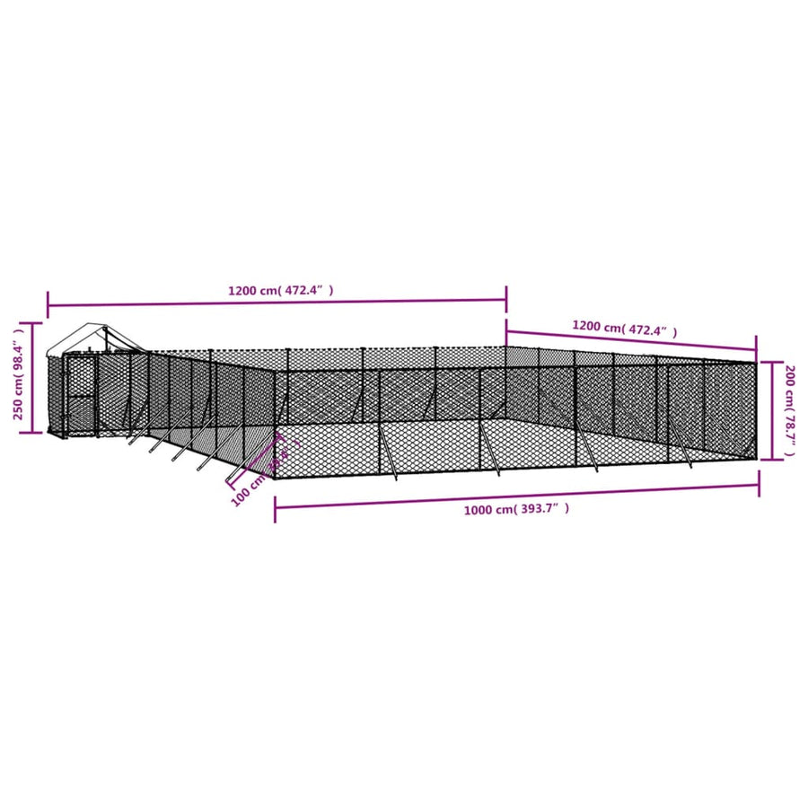 Hondenkennel Met Dak 12X12X2,5 M Gegalvaniseerd Staal Zilver 12 x 12 x 2.5 m