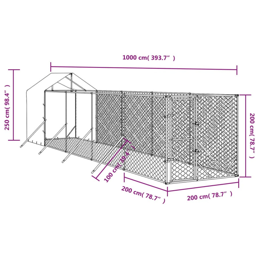 Hondenkennel met dak 2x10x2,5 m gegalvaniseerd staal zilver 2 x 10 x 2.5 m