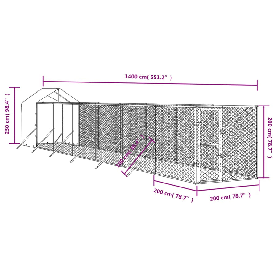 Hondenkennel met dak 2x14x2,5 m gegalvaniseerd staal zilver 2 x 14 x 2.5 m