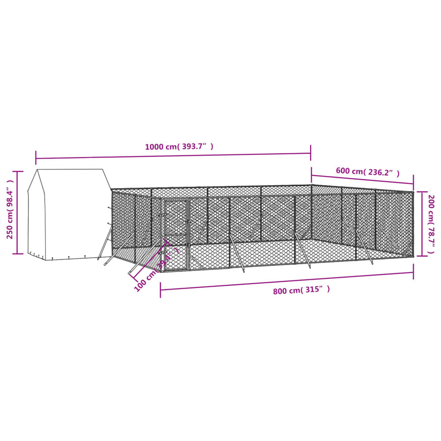Hondenkennel met dak 10x6x2,5 m gegalvaniseerd staal zilver 10 x 6 x 2.5 m