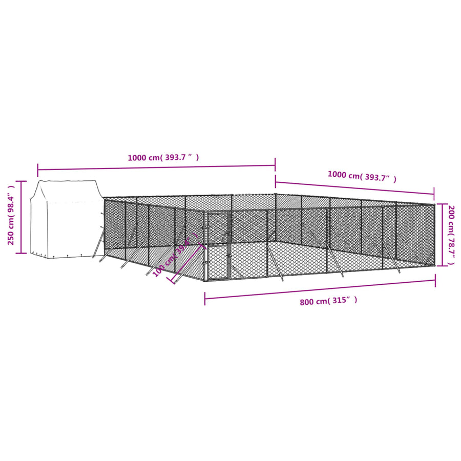Hondenkennel met dak 10x10x2,5 m gegalvaniseerd staal zilver 10 x 10 x 2.5 m