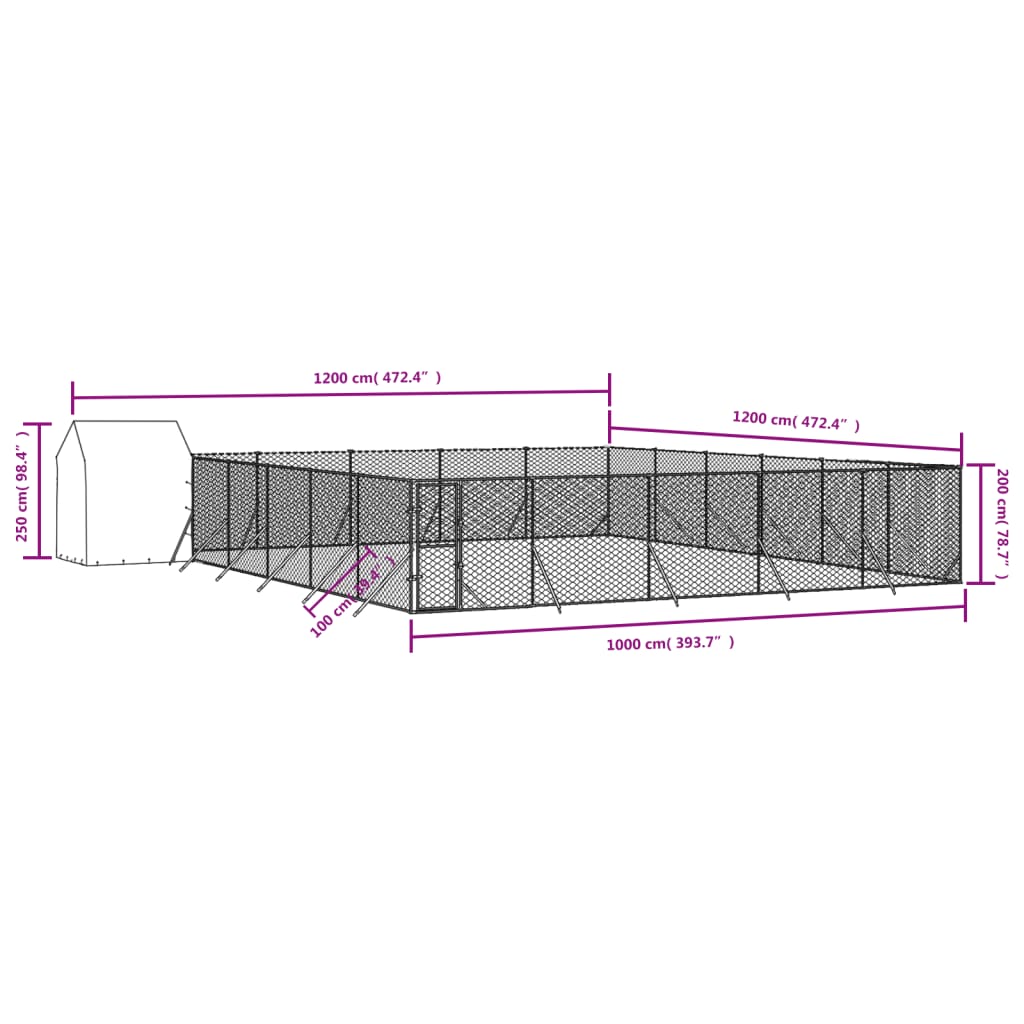 Hondenkennel Met Dak 12X12X2,5 M Gegalvaniseerd Staal Zilver 12 x 12 x 2.5 m