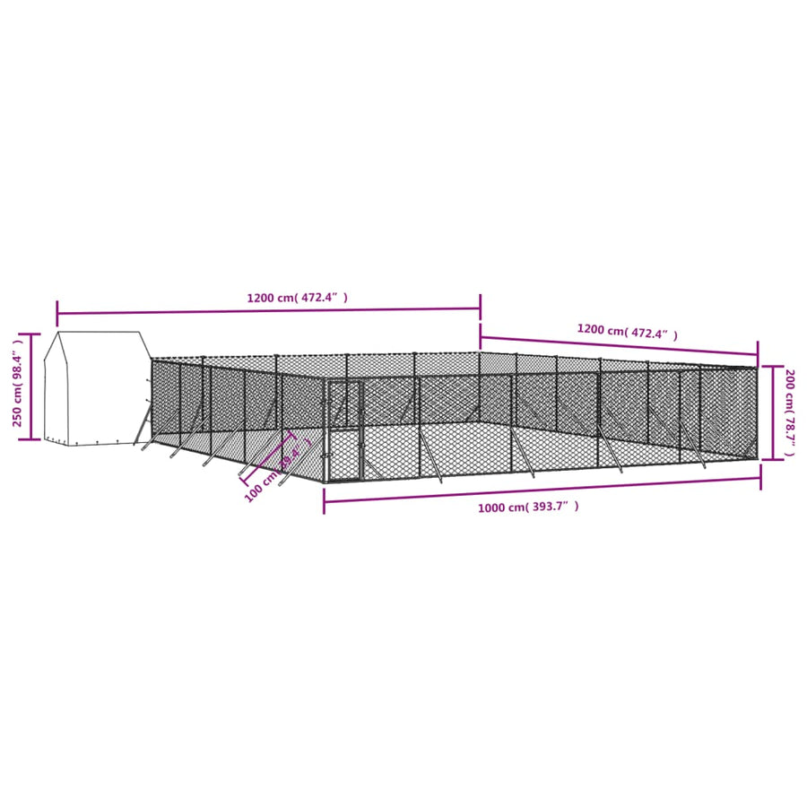 Hondenkennel Met Dak 12X12X2,5 M Gegalvaniseerd Staal Zilver 12 x 12 x 2.5 m