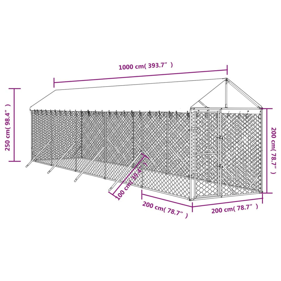 Hondenkennel Met Dak 2X10X2,5 M Gegalvaniseerd Staal Zilver 2 x 10 x 2.5 m