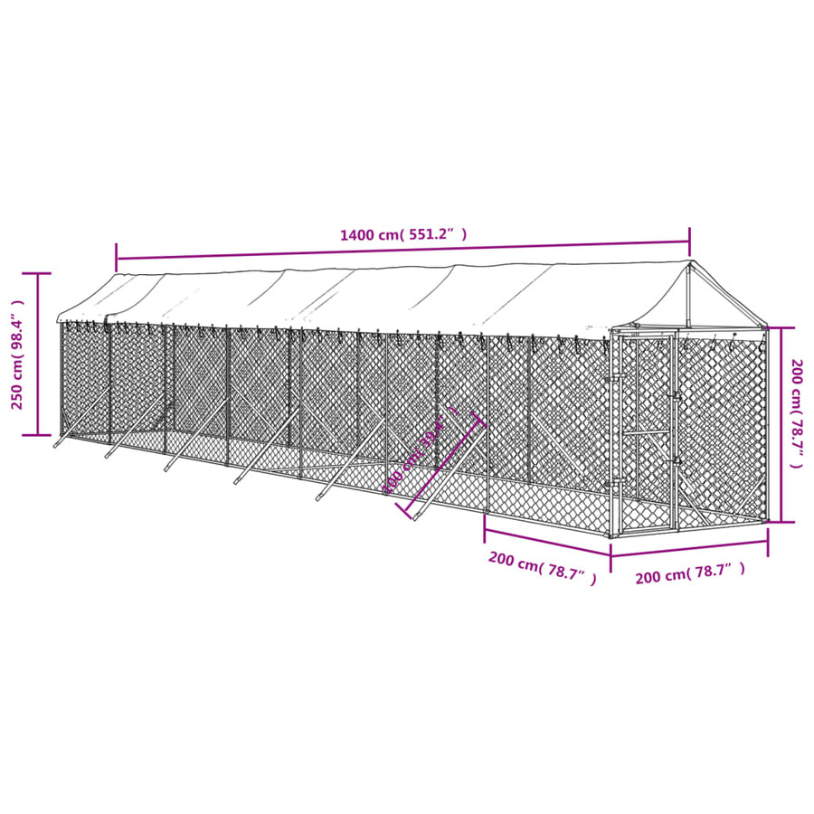 Hondenkennel Met Dak 2X14X2,5 M Gegalvaniseerd Staal Zilver