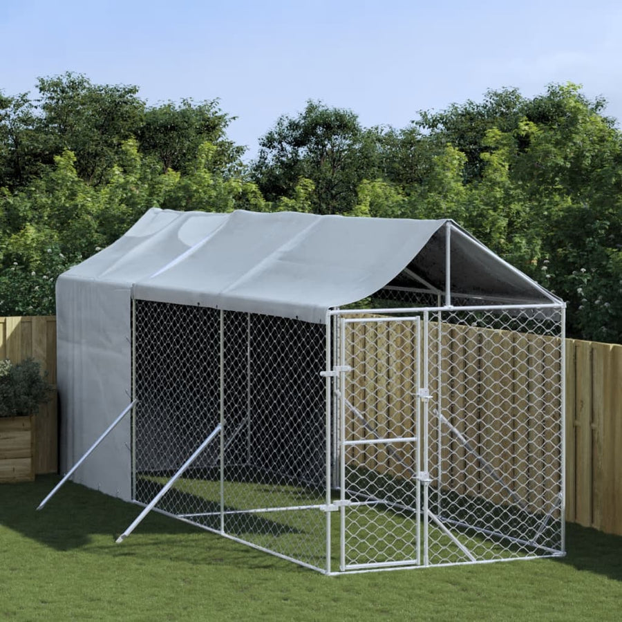 Hondenkennel Met Dak 2X14X2,5 M Gegalvaniseerd Staal Zilver