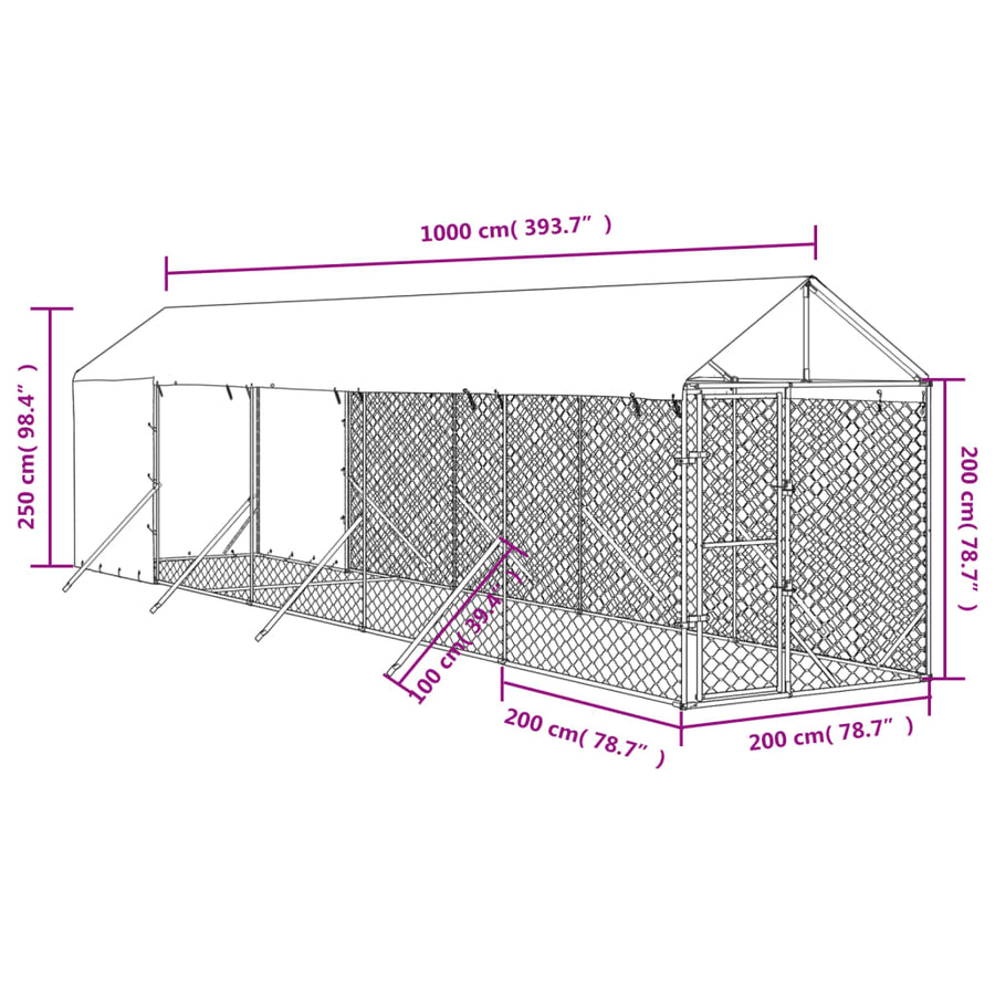 Hondenkennel Met Dak 2X10X2,5 M Gegalvaniseerd Staal Zilver 2 x 10 x 2.5 m