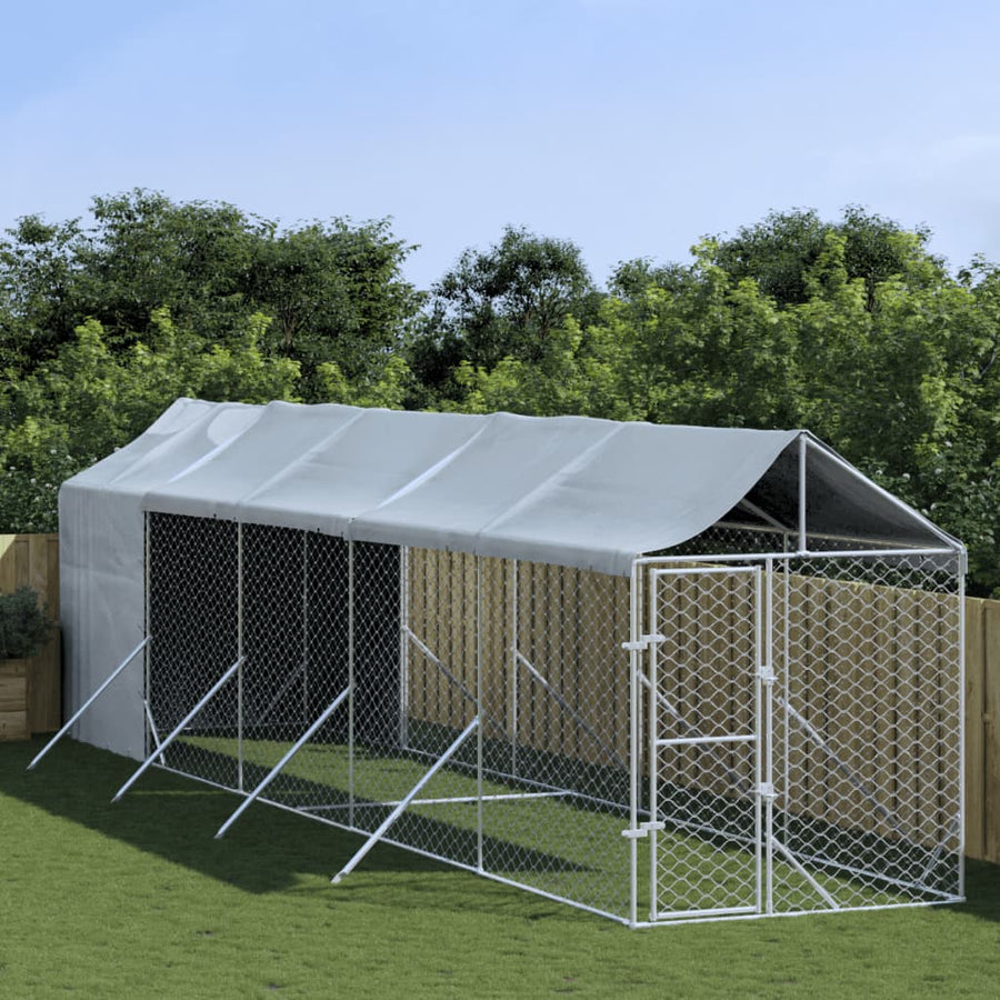 Hondenkennel Met Dak 2X14X2,5 M Gegalvaniseerd Staal Zilver