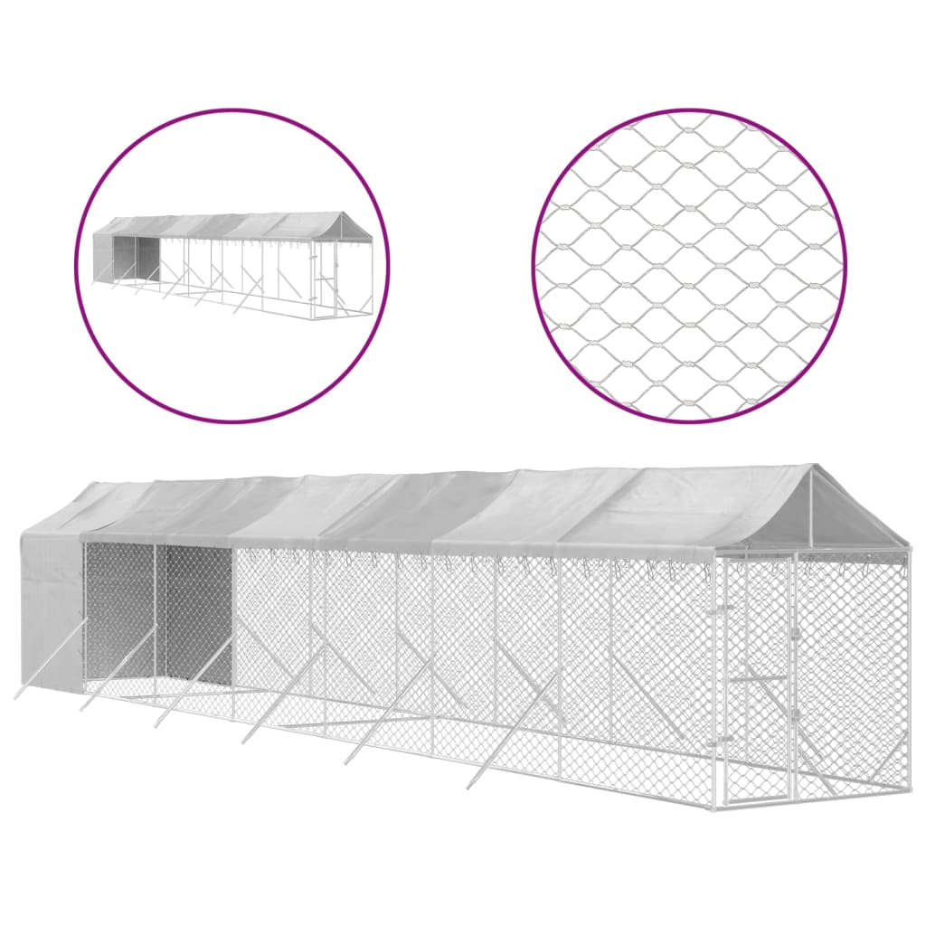Hondenkennel Met Dak 2X14X2,5 M Gegalvaniseerd Staal Zilver 2 x 14 x 2.5 m