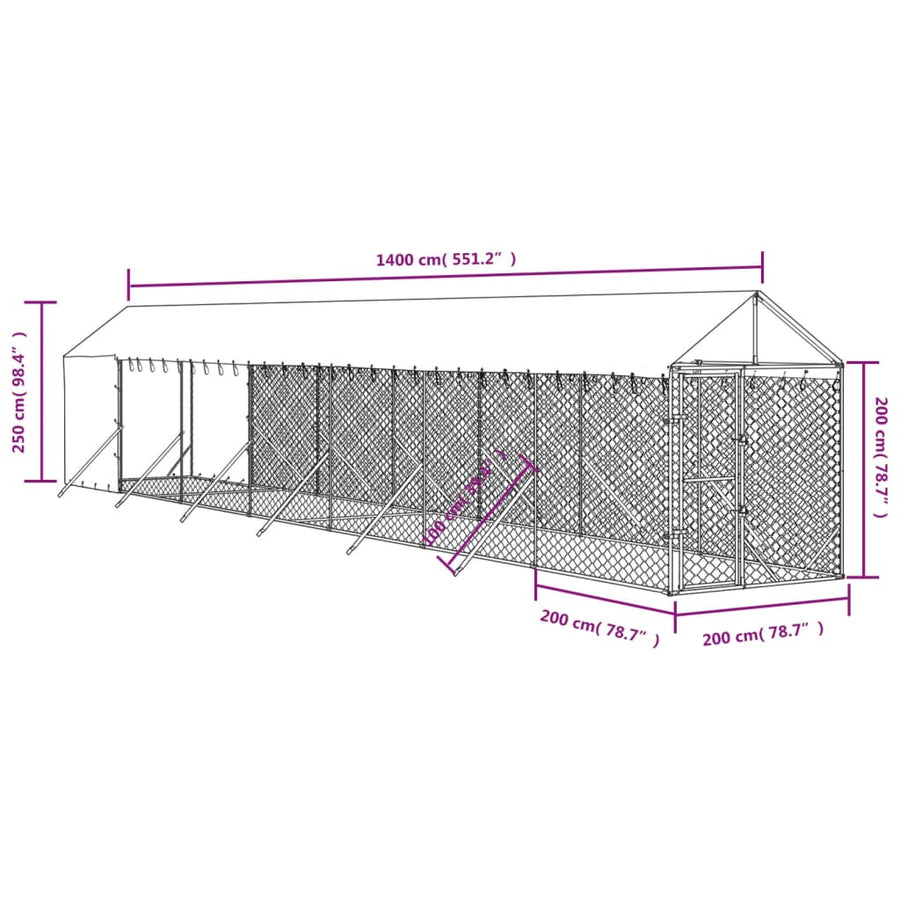 Hondenkennel Met Dak 2X14X2,5 M Gegalvaniseerd Staal Zilver 2 x 14 x 2.5 m