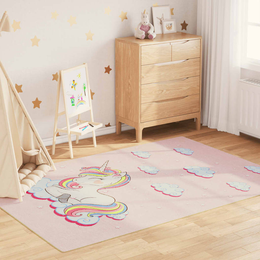 Kindervloerkleed Eenhoorn Wasbaar Antislip 160X230 Cm Groen Roze