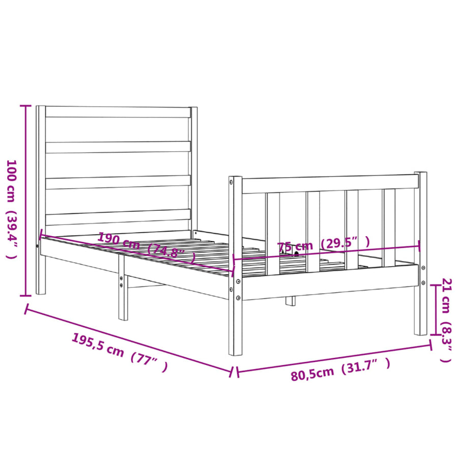 Bedframe Met Hoofdbord Massief Hout 2Ft6 Small Single 75 x 190 cm Zwart