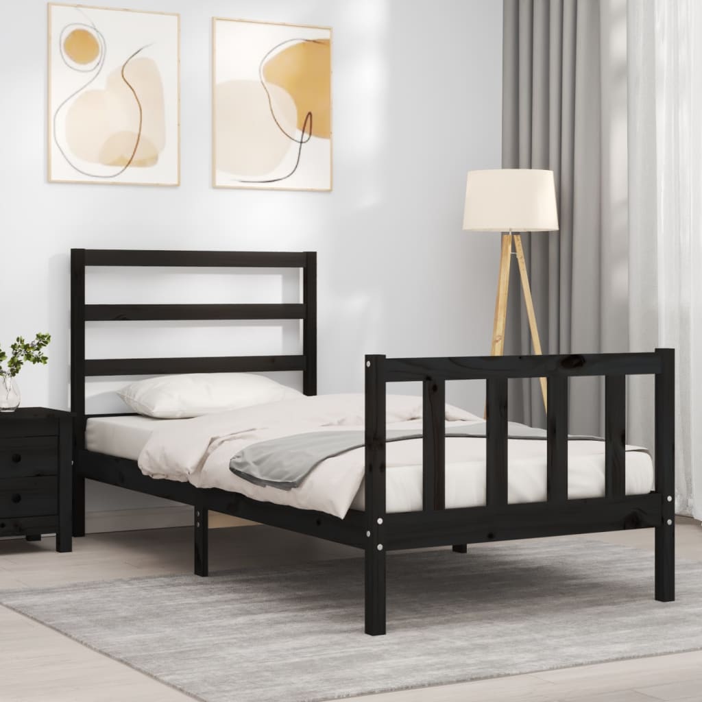 Bedframe Met Hoofdbord Massief Hout 2Ft6 Small Single 75 x 190 cm Zwart