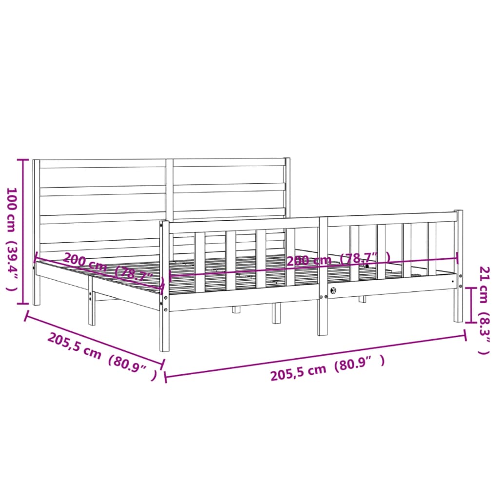Bedframe Met Hoofdbord Massief Hout 200 x 200 cm Zwart