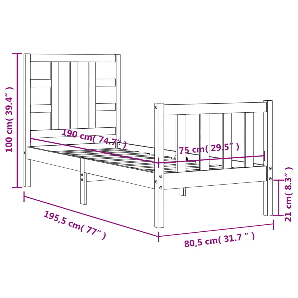 Bedframe Met Hoofdbord Massief Hout 2Ft6 Small Single 75 x 190 cm Zwart