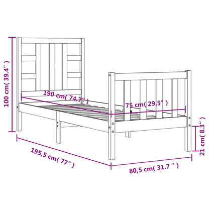 Bedframe Met Hoofdbord Massief Hout 2Ft6 Small Single 75 x 190 cm Zwart