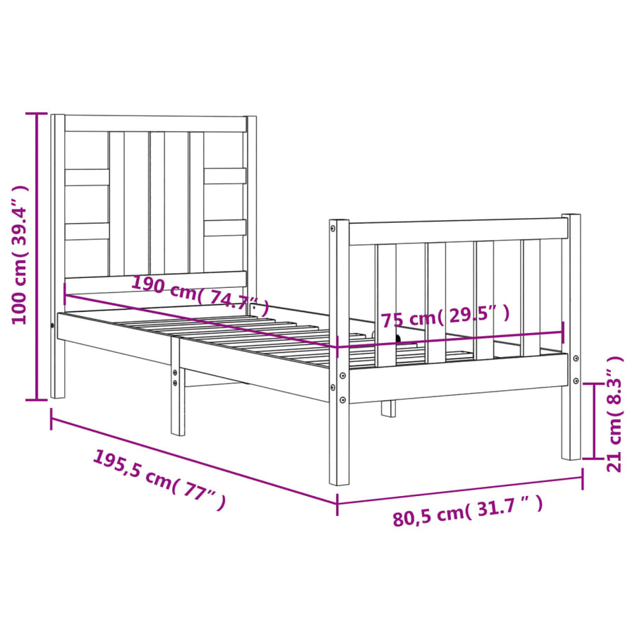 Bedframe Met Hoofdbord Massief Hout 2Ft6 Small Single 75 x 190 cm Zwart