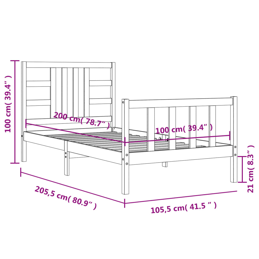 Bedframe Met Hoofdbord Massief Hout 100 x 200 cm Wit
