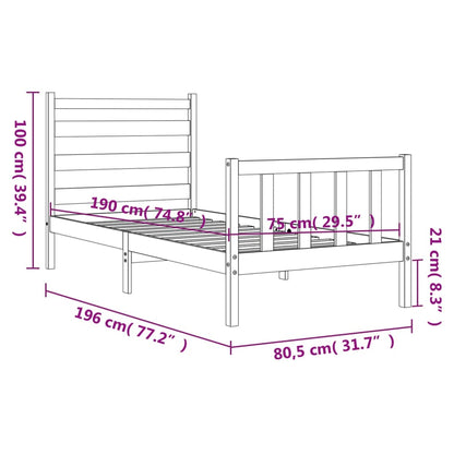 Bedframe Met Hoofdbord Massief Hout 2Ft6 Small Single 75 x 190 cm Zwart