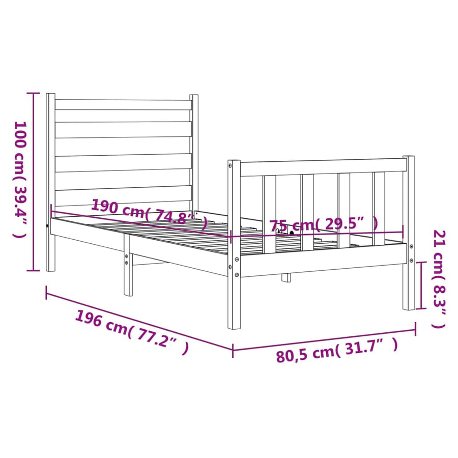 Bedframe Met Hoofdbord Massief Hout 2Ft6 Small Single 75 x 190 cm Zwart