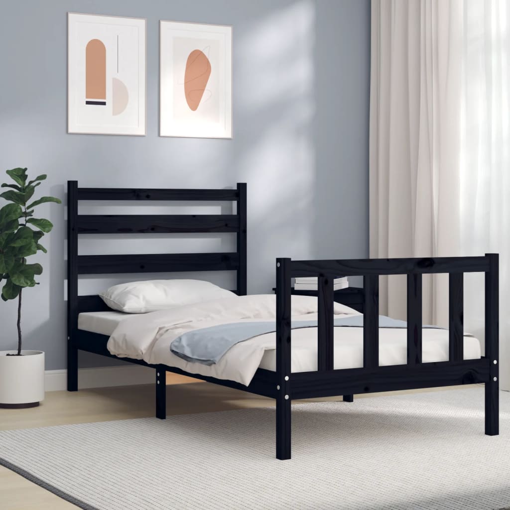 Bedframe Met Hoofdbord Massief Hout 2Ft6 Small Single 75 x 190 cm Zwart