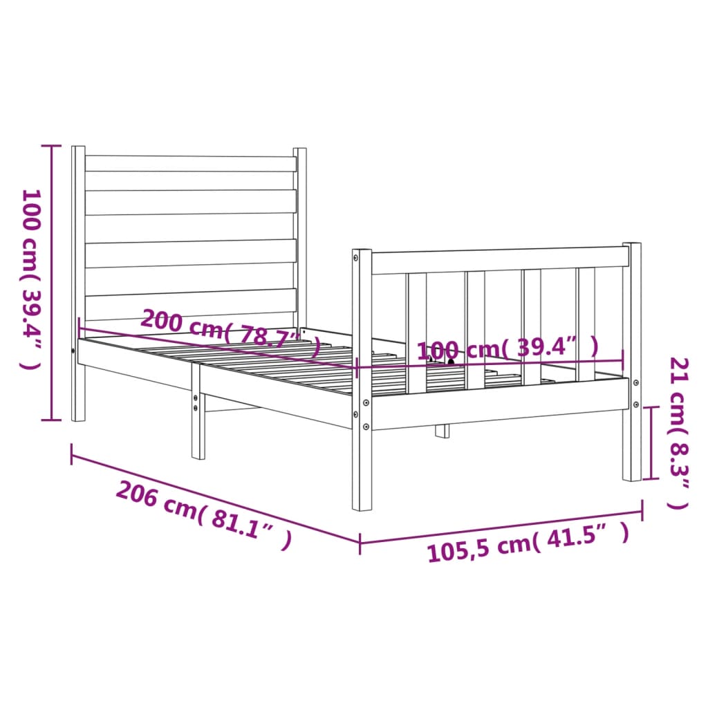 Bedframe Met Hoofdbord Massief Hout 100 x 200 cm Wit