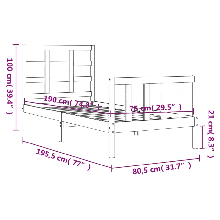 Bedframe Met Hoofdbord Massief Hout 2Ft6 Small Single 75 x 190 cm Zwart