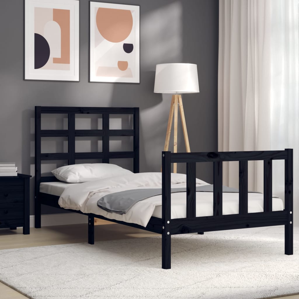 Bedframe Met Hoofdbord Massief Hout 2Ft6 Small Single 75 x 190 cm Zwart