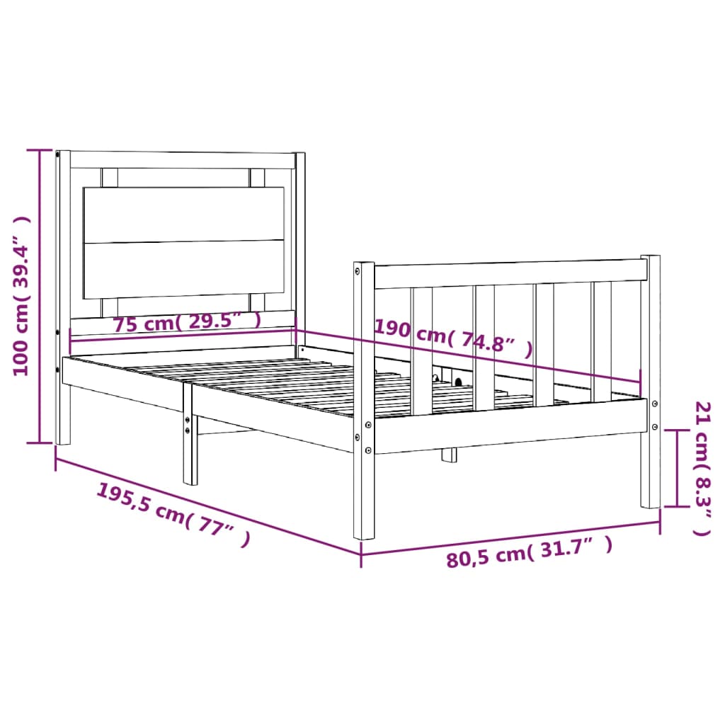 Bedframe Met Hoofdbord Massief Hout 2Ft6 Small Single 75 x 190 cm Zwart