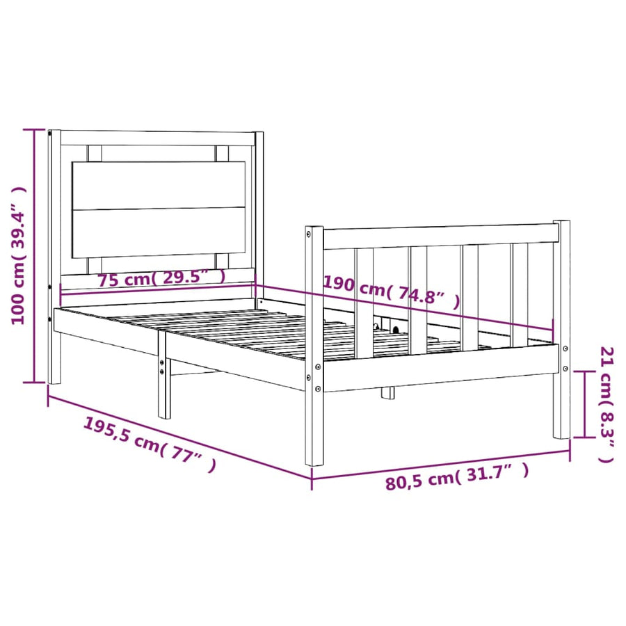 Bedframe Met Hoofdbord Massief Hout 2Ft6 Small Single 75 x 190 cm Zwart