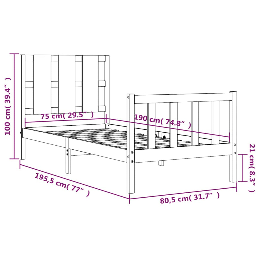 Bedframe Met Hoofdbord Massief Hout 2Ft6 Small Single 75 x 190 cm Zwart