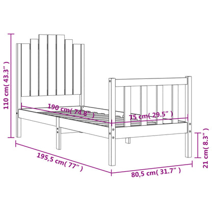 Bedframe Met Hoofdbord Massief Hout 2Ft6 Small Single 75 x 190 cm Zwart