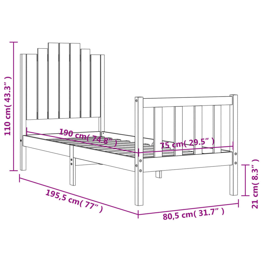 Bedframe Met Hoofdbord Massief Hout 2Ft6 Small Single 75 x 190 cm Zwart