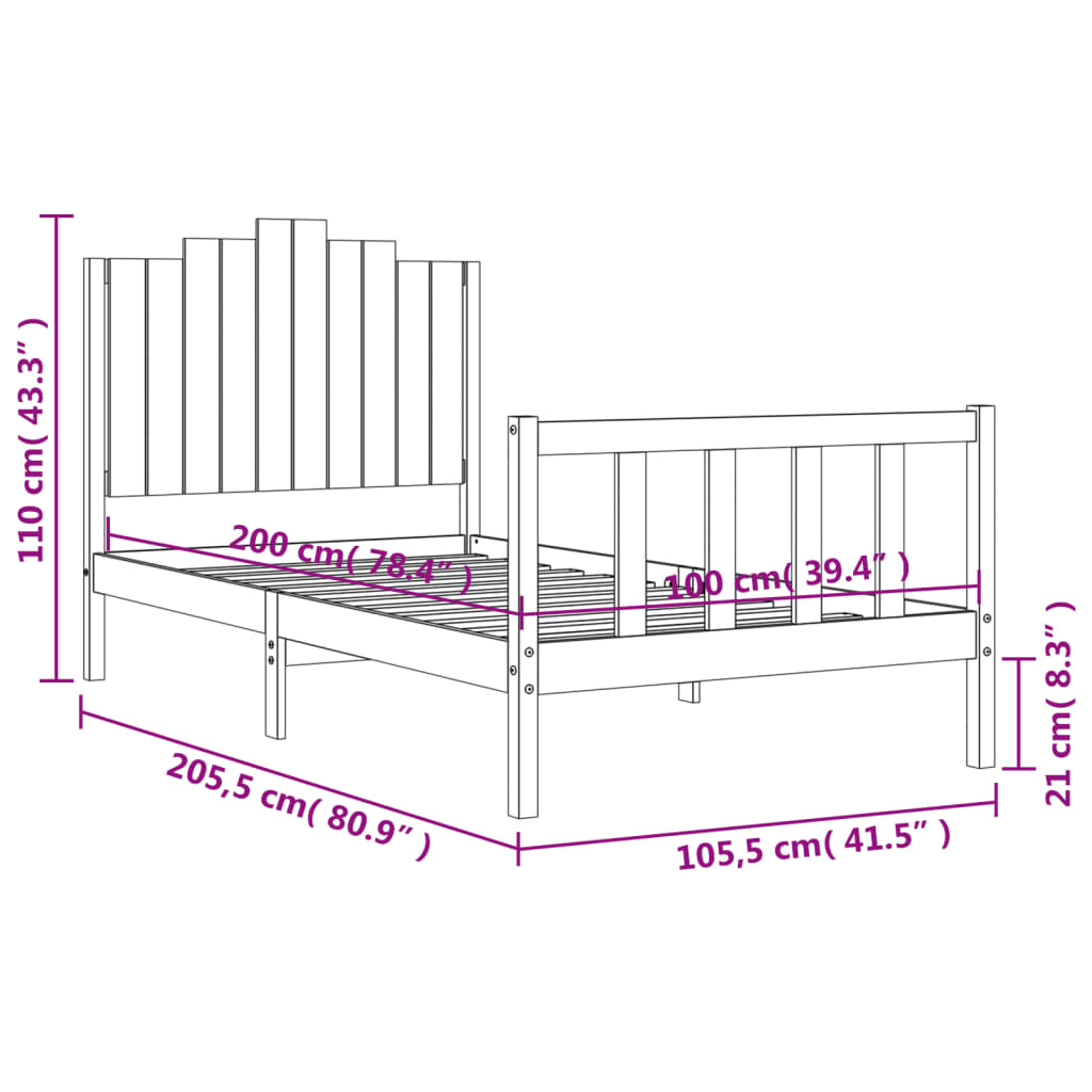 Bedframe Met Hoofdbord Massief Hout 100 x 200 cm Wit