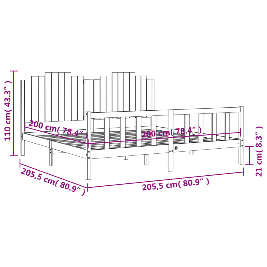 Bedframe Met Hoofdbord Massief Hout 200 x 200 cm Zwart