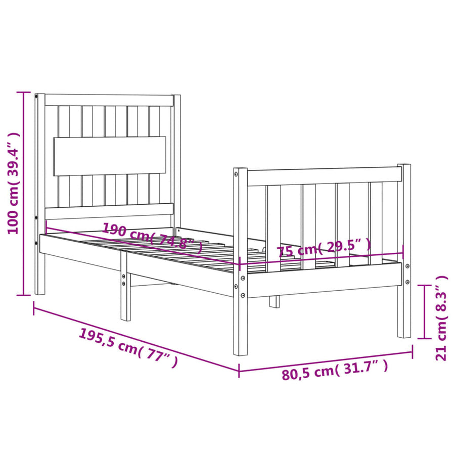 Bedframe Met Hoofdbord Massief Hout 2Ft6 Small Single 75 x 190 cm Zwart