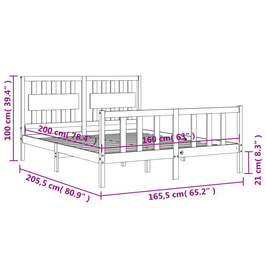 Bedframe Met Hoofdbord Massief Hout 160 x 200 cm Naturel