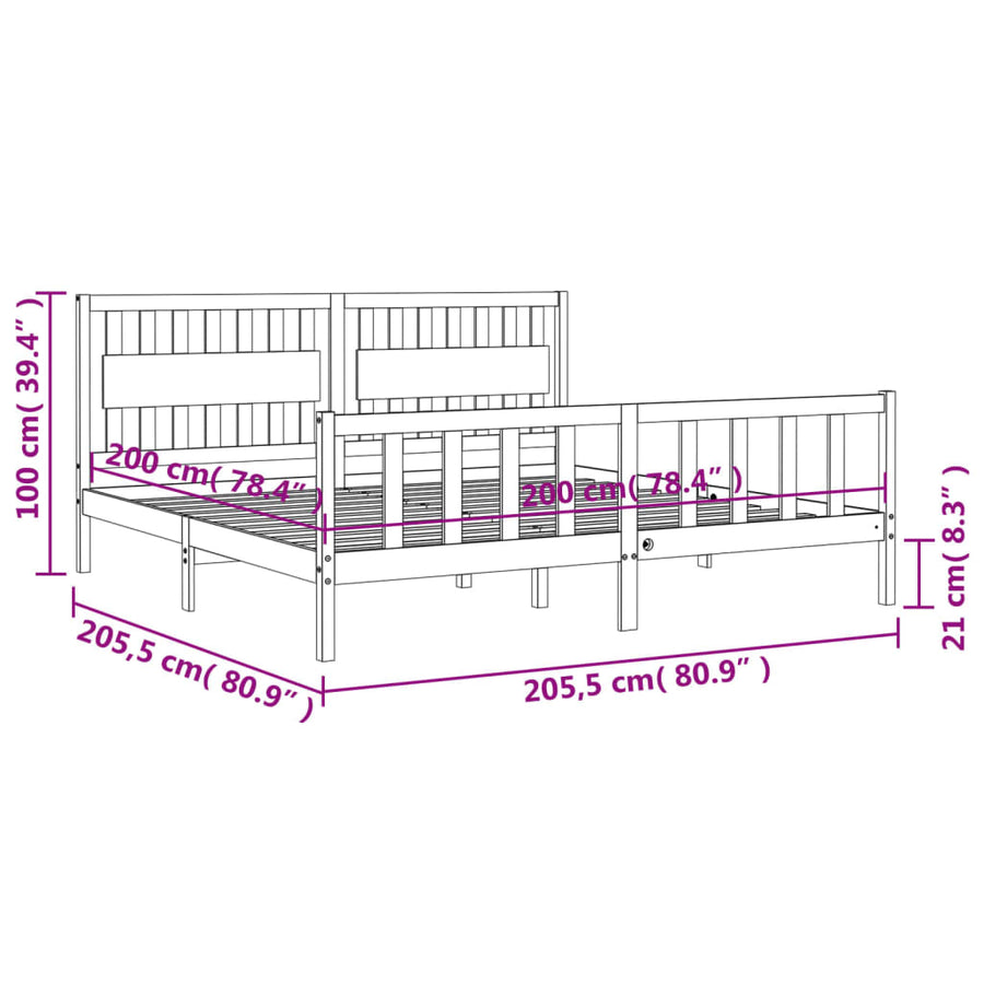 Bedframe Met Hoofdbord Massief Hout 200 x 200 cm Zwart
