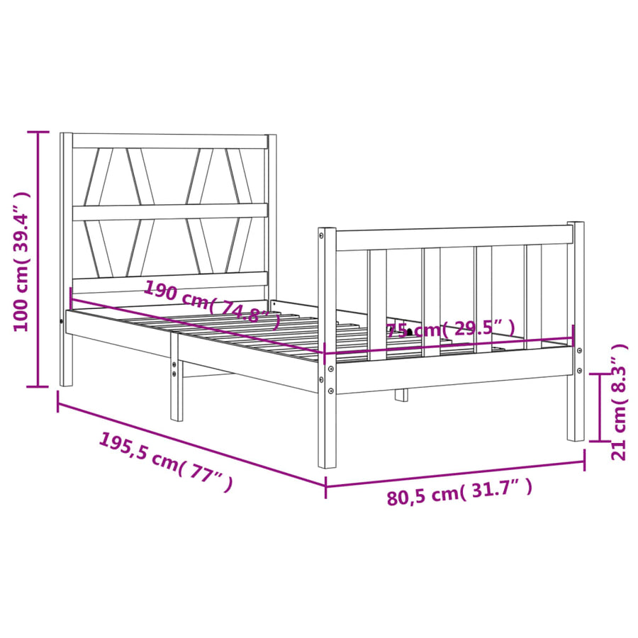 Bedframe met hoofdbord massief hout zwart 2FT6 Small Single 75 x 190 cm Zwart