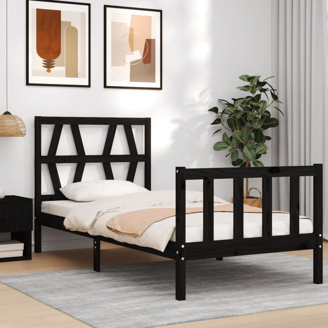 Bedframe met hoofdbord massief hout zwart 100x200 cm 100 x 200 cm Zwart