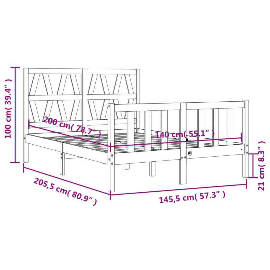 Bedframe met hoofdbord massief hout 140x200 cm 140 x 200 cm Naturel
