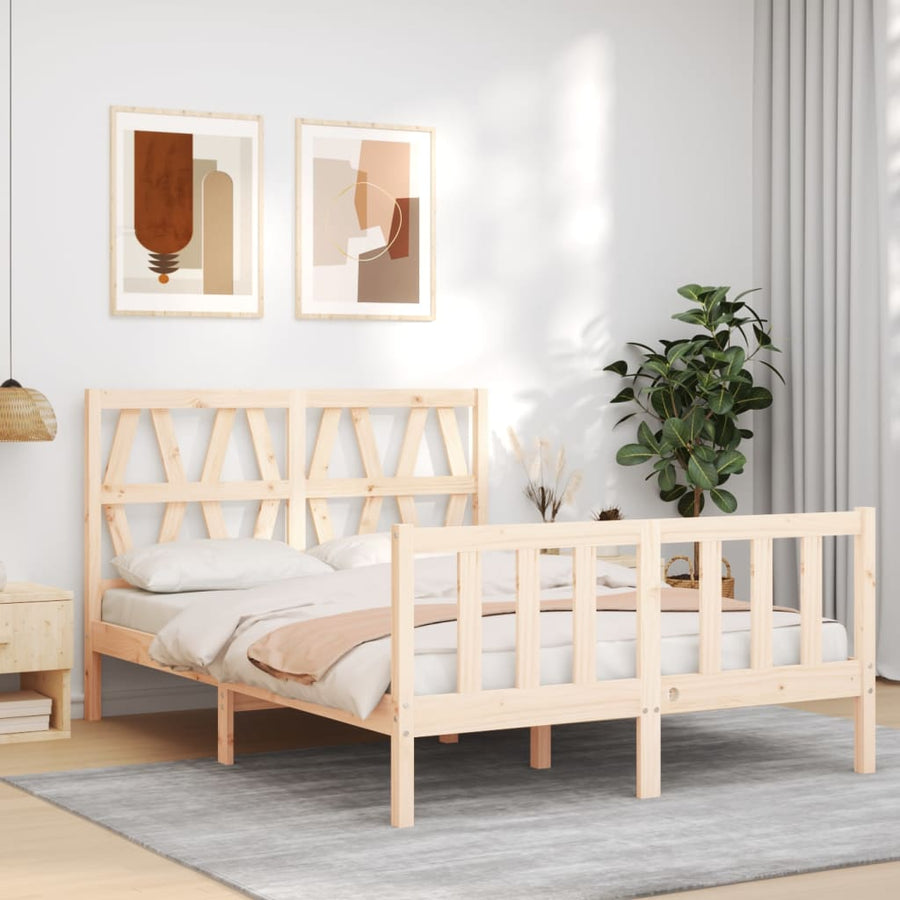 Bedframe met hoofdbord massief hout 140x200 cm 140 x 200 cm Naturel