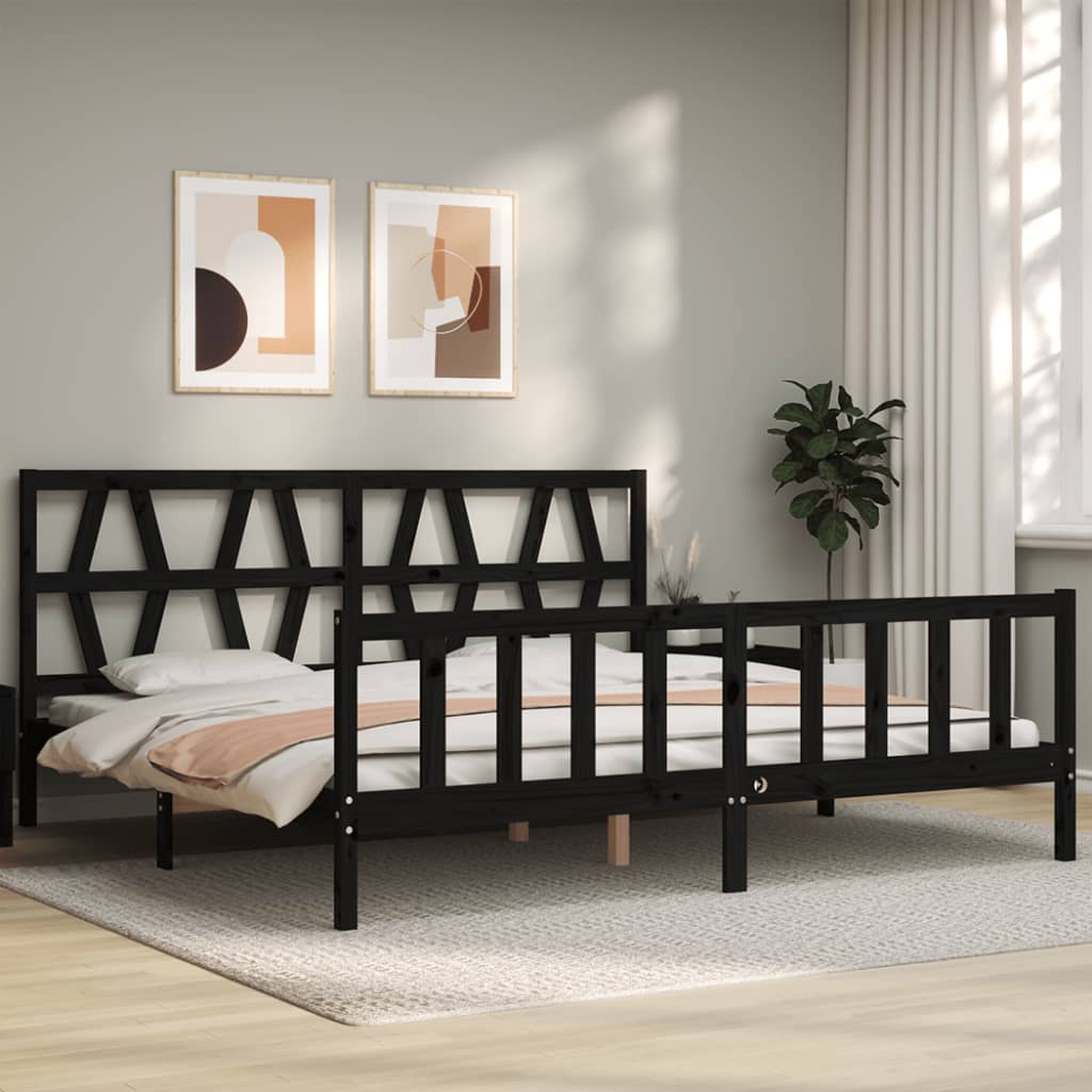Bedframe met hoofdbord massief hout zwart 200x200 cm 200 x 200 cm Zwart