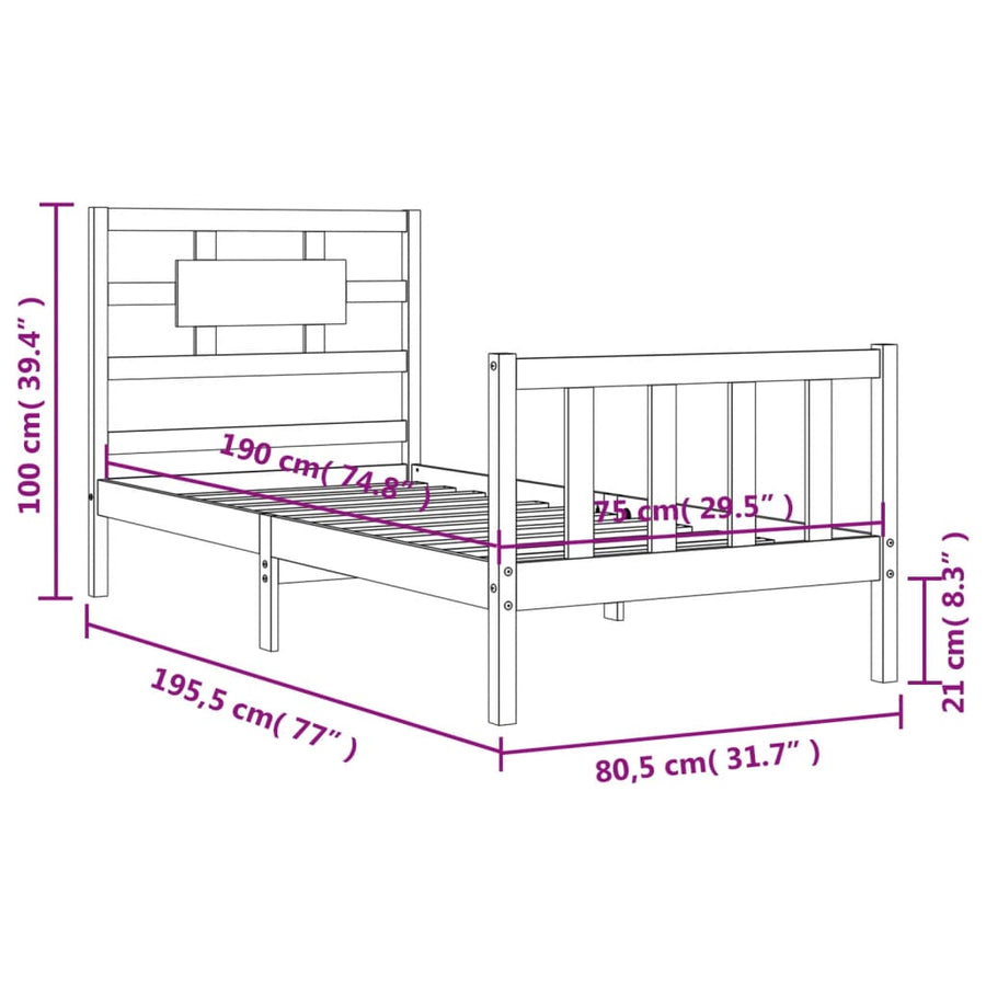 Bedframe Met Hoofdbord Massief Hout 2Ft6 Small Single 75 x 190 cm Zwart