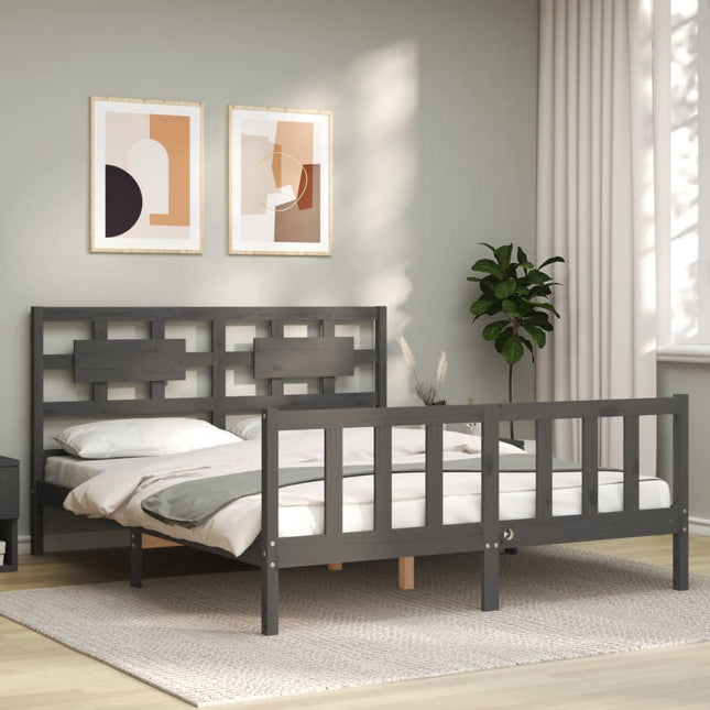 Bedframe Met Hoofdbord Massief Hout 160 x 200 cm Grijs