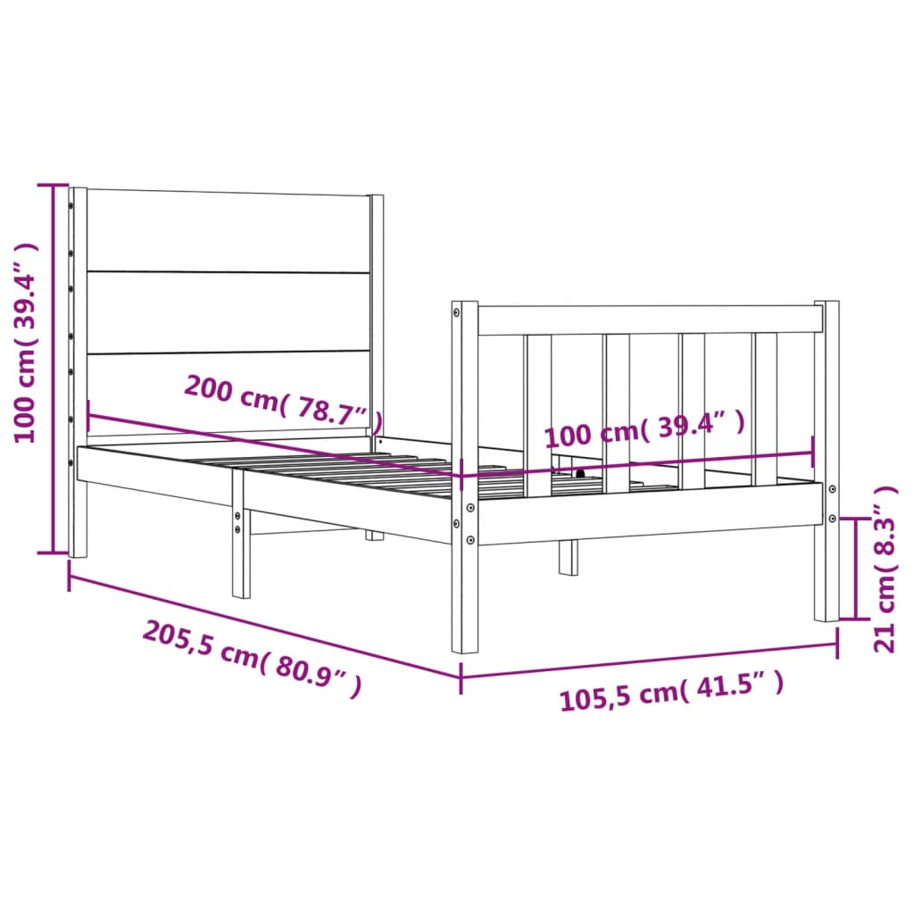 Bedframe Met Hoofdbord Massief Hout 100 x 200 cm Wit
