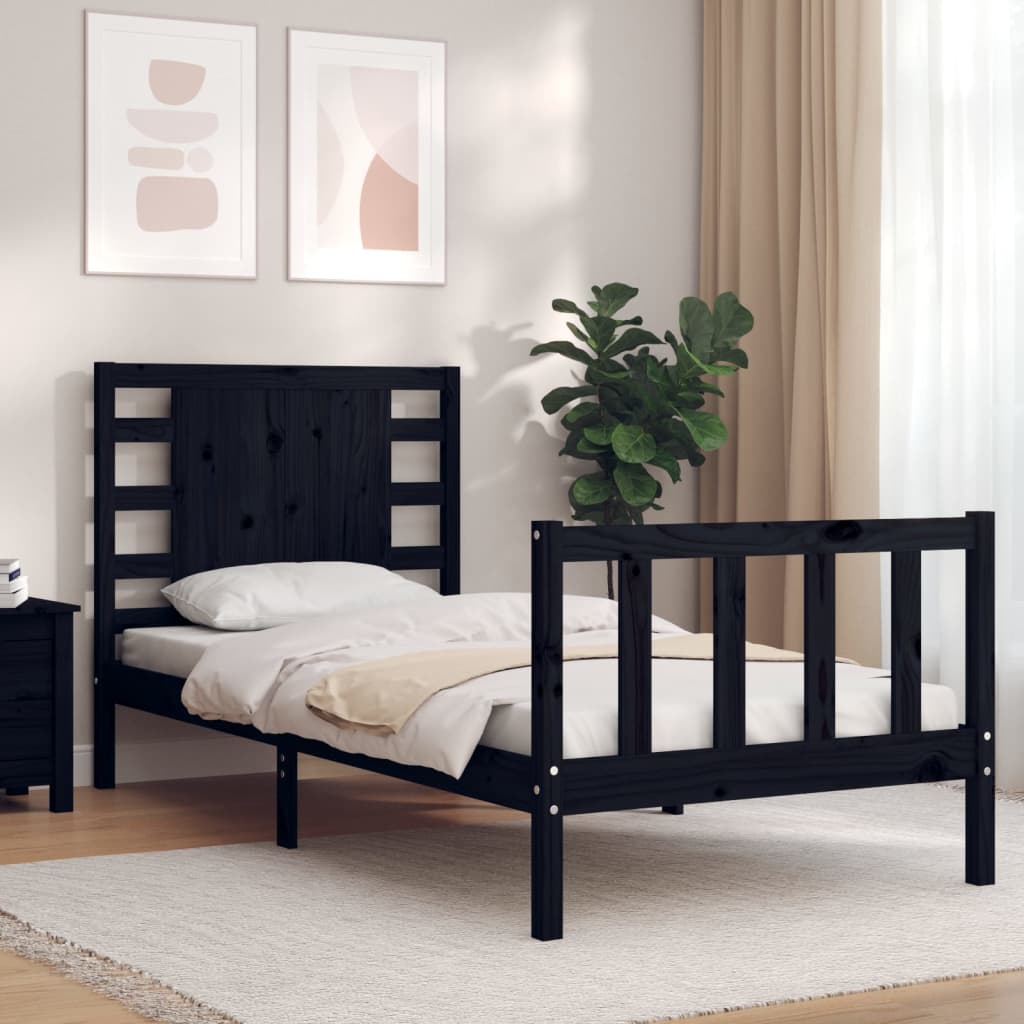 Bedframe Met Hoofdbord Massief Hout 2Ft6 Small Single 75 x 190 cm Zwart