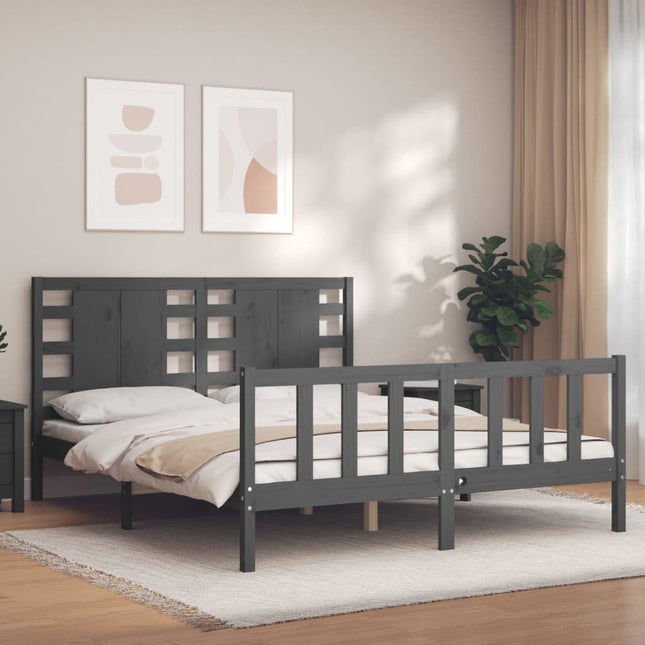 Bedframe Met Hoofdbord Massief Hout 160 x 200 cm Grijs